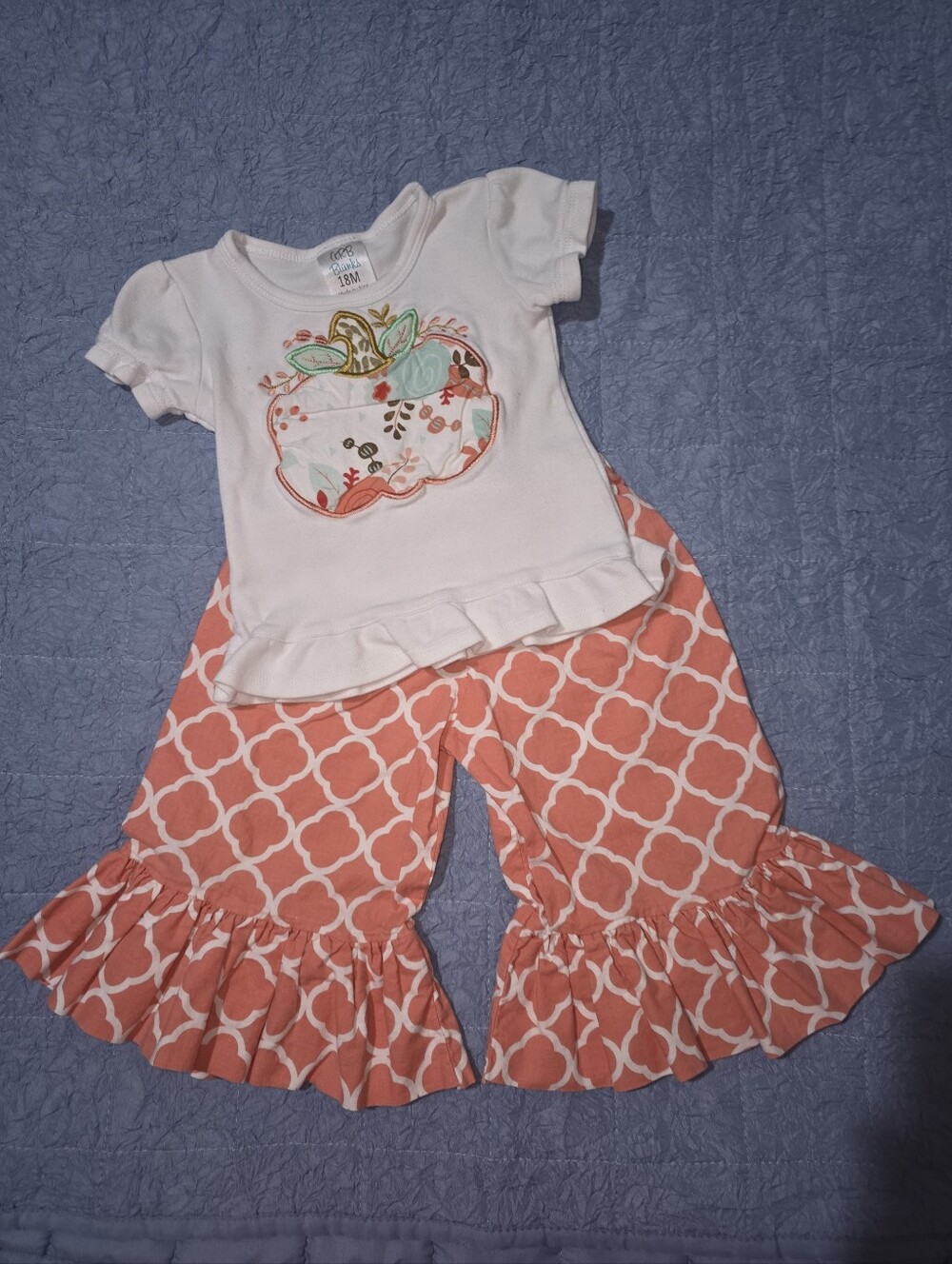 Girls Coral Pumpkin Applique Top & Ruffle Pants Set